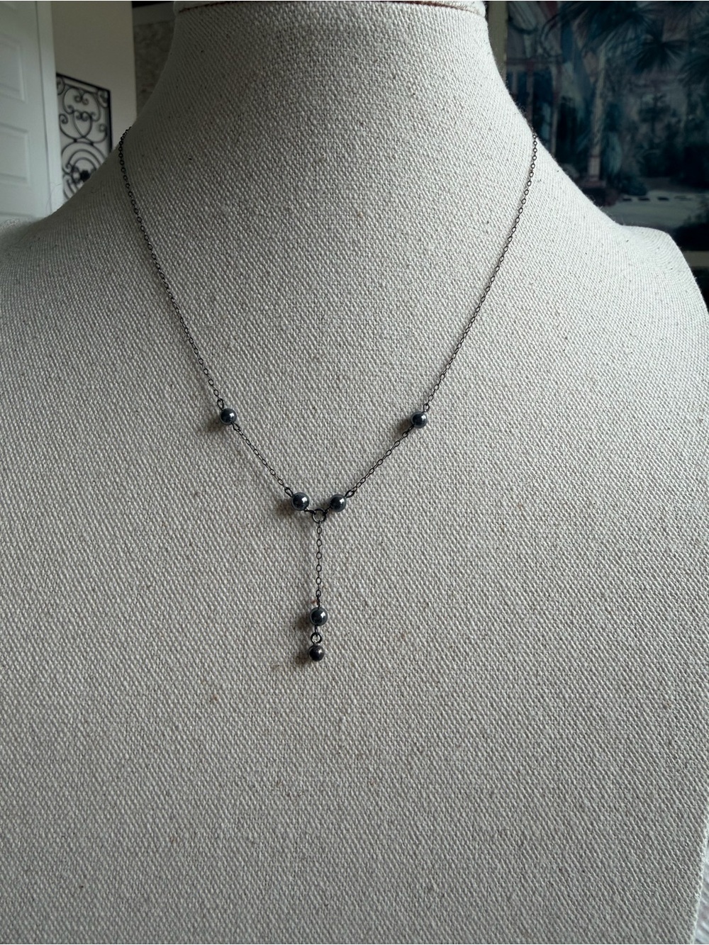 Delicate Vintage Handmade Sterling Silver & Hematite Y-Necklace.